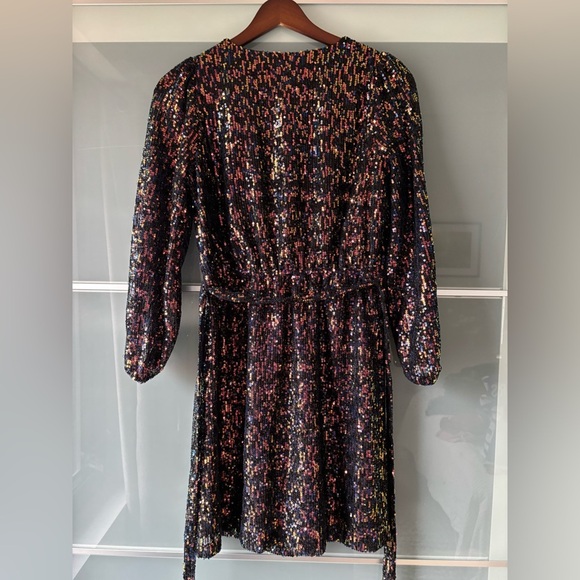 XSP LOFT Women's Sequin Mini Dress Belted V-Neck Banded Sheer Sleeve - Picture 8 of 10